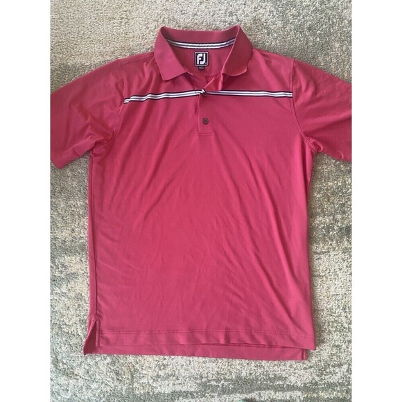 Foot Joy FJ Polo Shirt Sz L Deep Pink Design White Stripe Short Sleeve Golf Logo - Picture 1 of 7